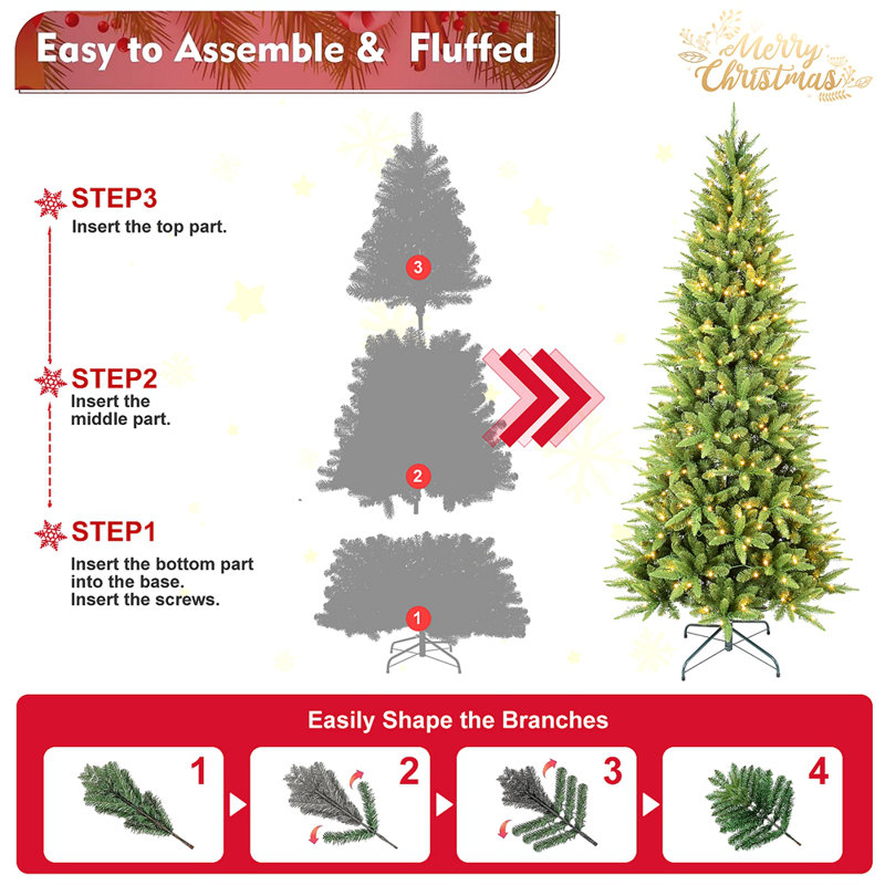 Arbre de Noël mince de 4 pi avec 150 lumières DEL blanc chaud - 424 pointes en PE + PVC, conception à charnières peu encombrante, installation facile, support en métal robuste - arbre à crayons réaliste pour les petits espaces