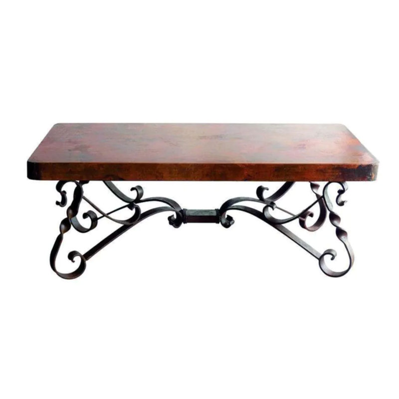 Hand-hammered Copper Coffee Table: Rustic Hacienda Style, Wrought Iron Base