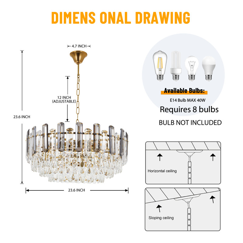 8-Light 23.6" Dimmable Tiered Crystal Chandelier