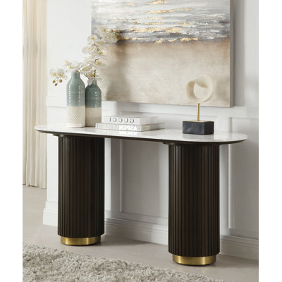 Sofa Table, White Natural Marble Top & Espreeso Finish