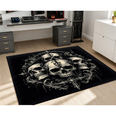 Tapis gothique à têtes de mort, bordure ornée rétro avec motif de crâne foncé répétitif, artistique décoratif frais, lavable à la machine, envers antidérapant, élégant tapis d'intérieur pour le salon, la chambre à coucher, le bureau, le dortoir