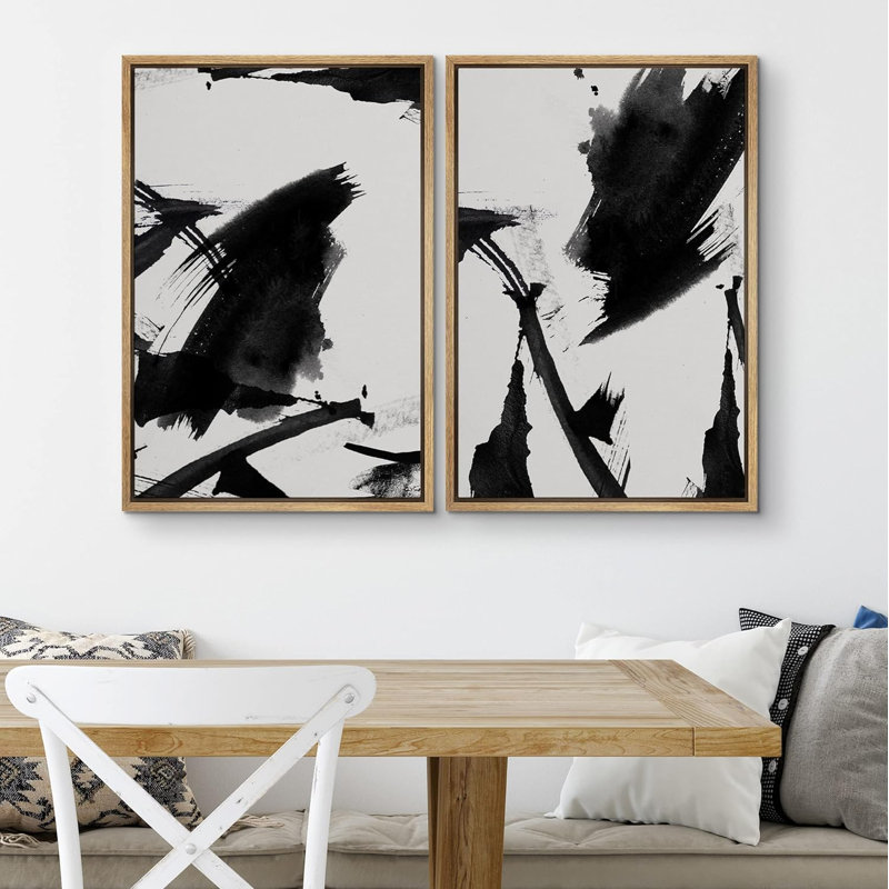«Black Duotone Paint Stroke Landscape Abstract Shapes», 2 pièces sur toile, Encadré naturel, H 36 po x l 24 po