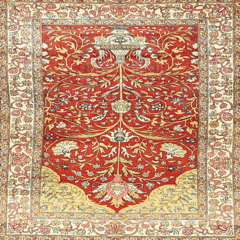 Tapis floral rouge / jaune, Carré 5 pi