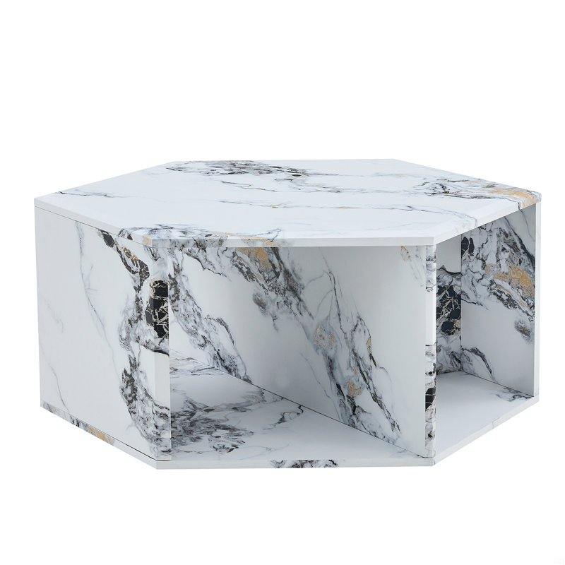 Hexagonal MDF Coffee Table, Characteristic Pattern Stickers, White, 14" H x 31.5" L x 27" W