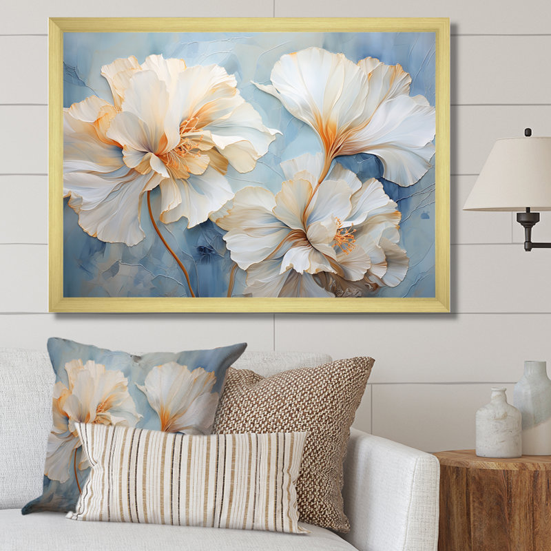 Œillets beiges sur fond bleu III sur toile, Cadre doré simple, H 24 po x l 32 po x P 1 po