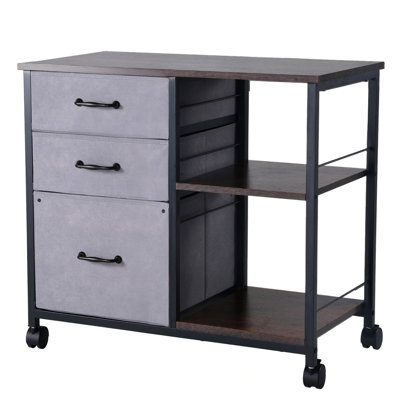 Classeur en métal, classeur mobile avec 3 tiroirs en tissu et 2 tablettes ouvertes, classeurs verticaux en bois avec roulettes pour format lettre, format A4, format légal, assemblage facile, brun