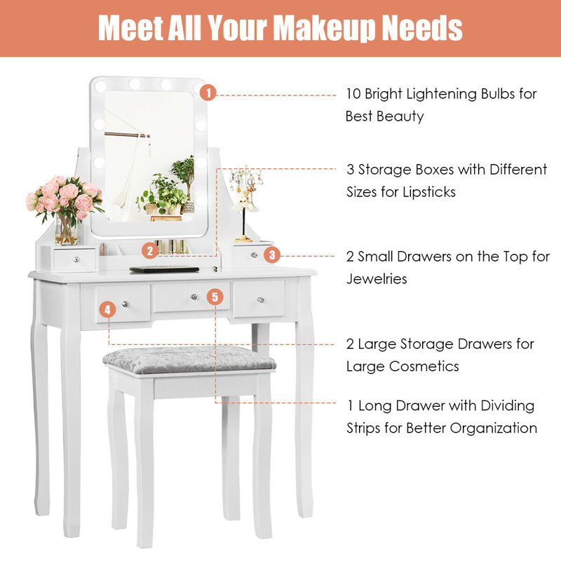 Shrader Dressing Table with Mirror, White