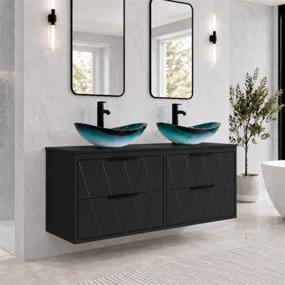 48" Wall Mounted Floating Double Bathroom Vanity with Artistic Vessel Sinks, Hand-Painted, 4 Soft-Close Drawers