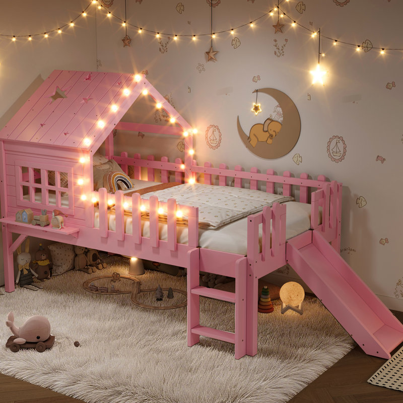 Lit simple rose avec glissoire, lumières à DEL en forme d'étoile de lune et fenêtre, pin massif pour un décor de chambre à coucher facile à construire