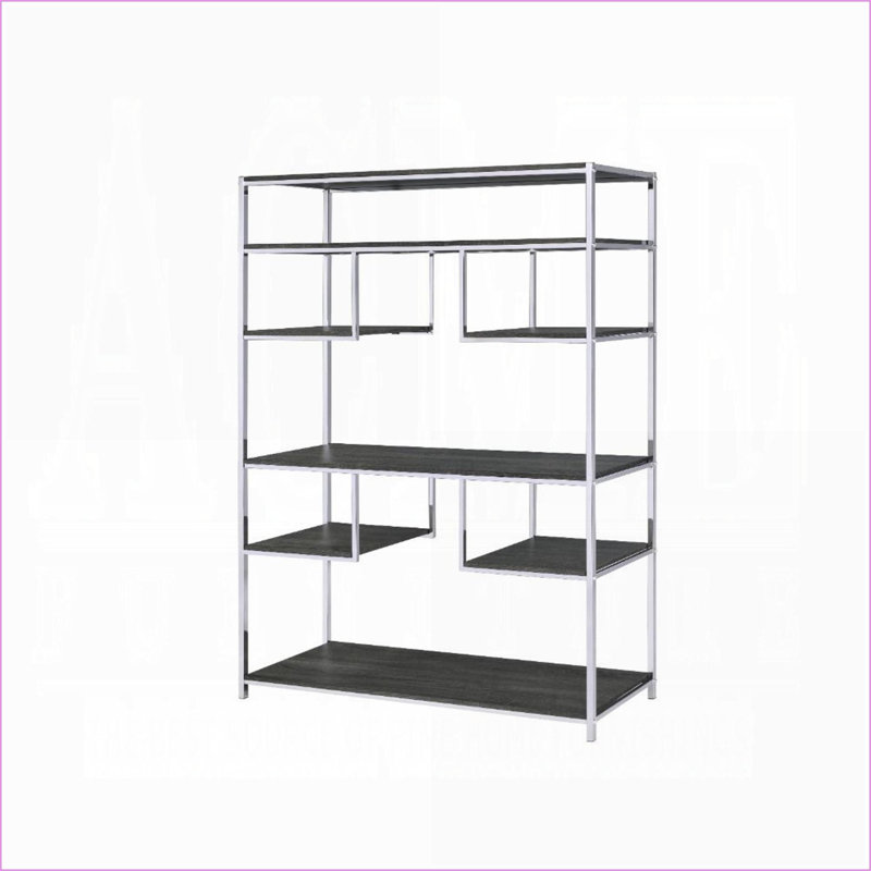 Bibliothèque, chêne gris rustique & amp; Rangement ouvert chromé à 8 tablettes | Gris rustique | Bois et métal