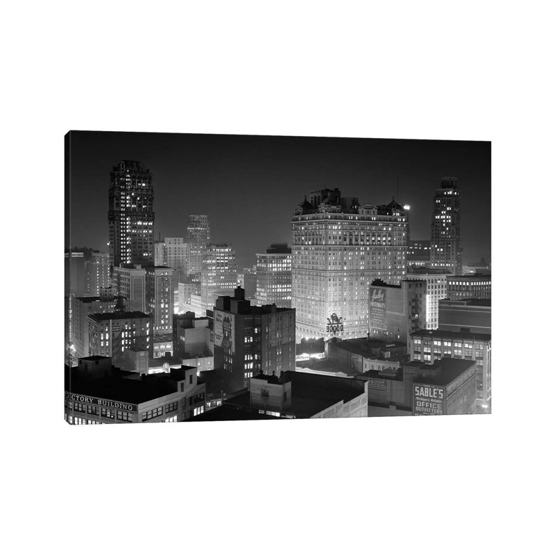1954 Night Skyline Retail Business Area Detroit Michigan USA 1 Piece Wrapped Canvas Wall Art