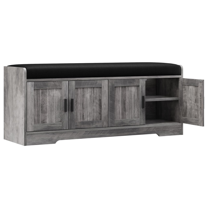 Banc à chaussures avec coussin et rangement dissimulé à 4 portes, banc de rangement pour entrée moderne avec cadre en bois robuste, gris