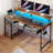 Rectangle Computer Desk with Shelves, Office Desk with Power Outlets & RGB LED Lights-493475231-493475203