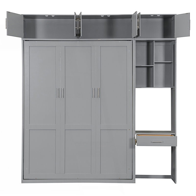 Grand lit escamotable mural avec bureau, armoire supérieure et tablettes de rangement, lit pliant peu encombrant