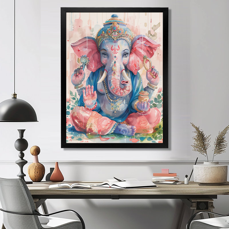 Rose, bleu, Inde, Ganesha II - Art mural indien, Cadre simple noir, H 34 po x l 44 po