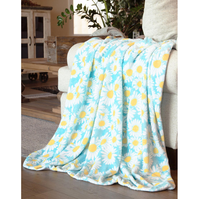 Light Blue Daisy Floral Sherpa Reversible Throw Blanket