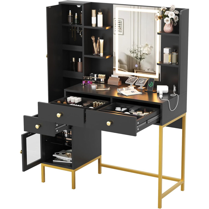 Modern Vanity Desk with Mirror & Lights, Adjustable 3 Lighting Modes Makeup Vanity Table with Stool, Charging Station, Drawers, Cabinet & Open Shelves for Bedroom