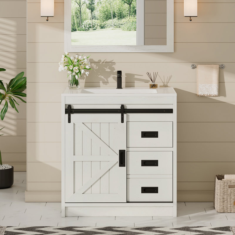 31" Sliding Barn Door Bathroom Vanity with Sink,  Farmhouse Small Single Bathroom Vanity Set, White