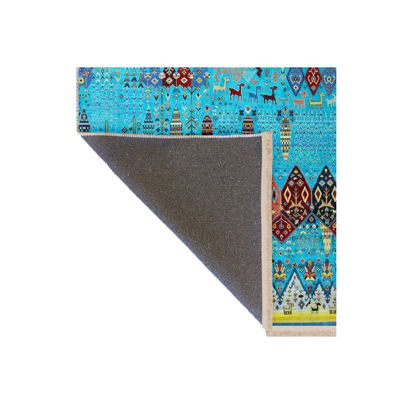 Tapis lavable à la machine à motif rétro à motif turquoise sur motif turquoise de la collection Barcelona