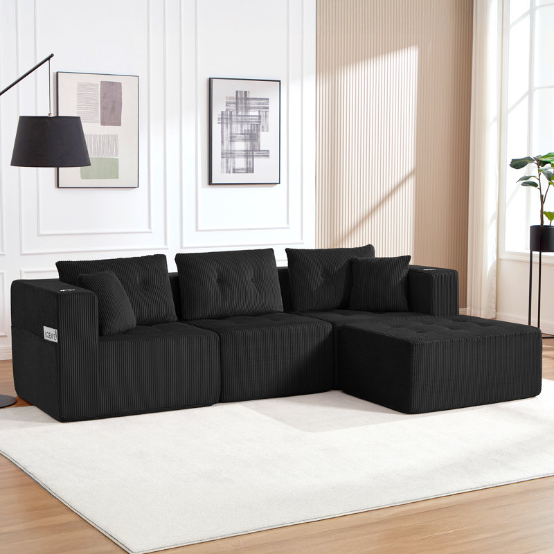 Canapé modulaire polyvalent de l 100 po avec porte-gobelets - aucun assemblage requis, parfait pour tout espace, Noir