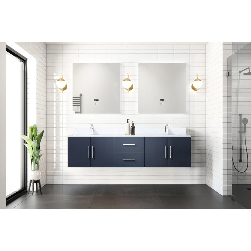 Meuble-lavabo double bleu marine 72 po X 22 - comptoir en marbre, structure en bois massif, fermeture en douceur, égratignure et teinture, 2 compartiments, tablette d'armoire à tiroirs pour un grand rangement, installation de 1 robinet pré-percé