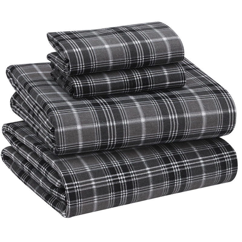 100% Cotton Flannel Sheet Set 4 Piece Warm Cozy Fall Sheets 16 inch Deep Pocket Bed Sheets, Gray/Plaid