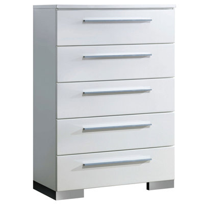 Contemporary Style 1pc Chest Five English Dovetail Drawers Chrome Handle And Feet Metal Ball Bearing Glides High Gloss Coating Glossy White Finish