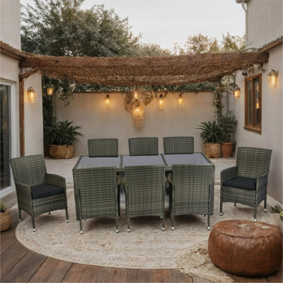 9 Piece Outdoor Patio Wicker Dining Set Patio Wicker Furniture Dining Set Glass Top Grey Wicker + Black Cushion by Red Barrel Studio