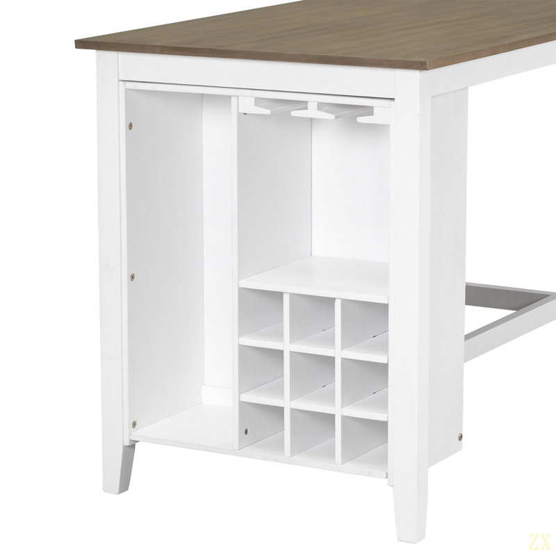 Ensemble de salle à manger 5 pièces à hauteur de comptoir en bois d'hévéa multifonctionnel avec chaises rembourrées et compartiment à vin intégré à 9 bars, porte-verres à vin pour la salle à manger
