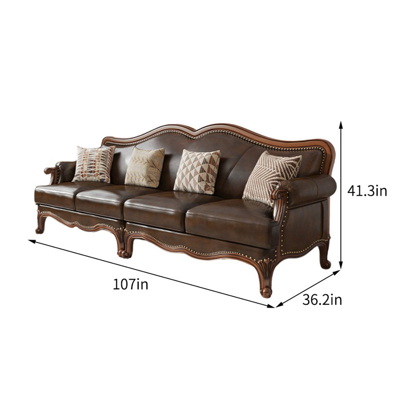 Canapé en cuir véritable de style européen, H 41,3 po x l 107 po x P 36,2 po