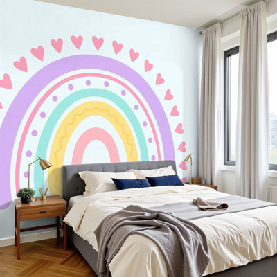 Peel and Stick Wallpaper 144" W x 100" H Modern Self Adhesive Wall Mural for Bedroom Scandinavian rainbow ornament Colorful modern rainbow abstract hearts