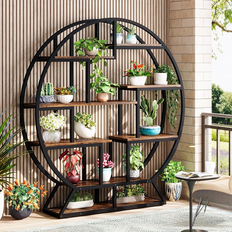 Bibliothèque industrielle ronde de 63 pouces - Étagère en bois avec tablettes décalées pour le salon ou le bureau à domicile
