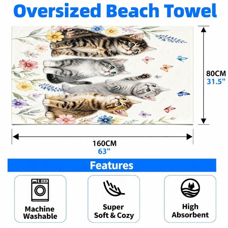 1Pcs Cute Kittens Beach Towel, featuring playful surrounded by colorful flowers and butterflies. Soft microfiber, ideal for, swimming, travel, home decor, unisex.