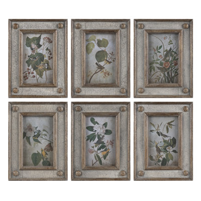 Oiseau encadré et ensemble de 6 reproductions florales vieillies