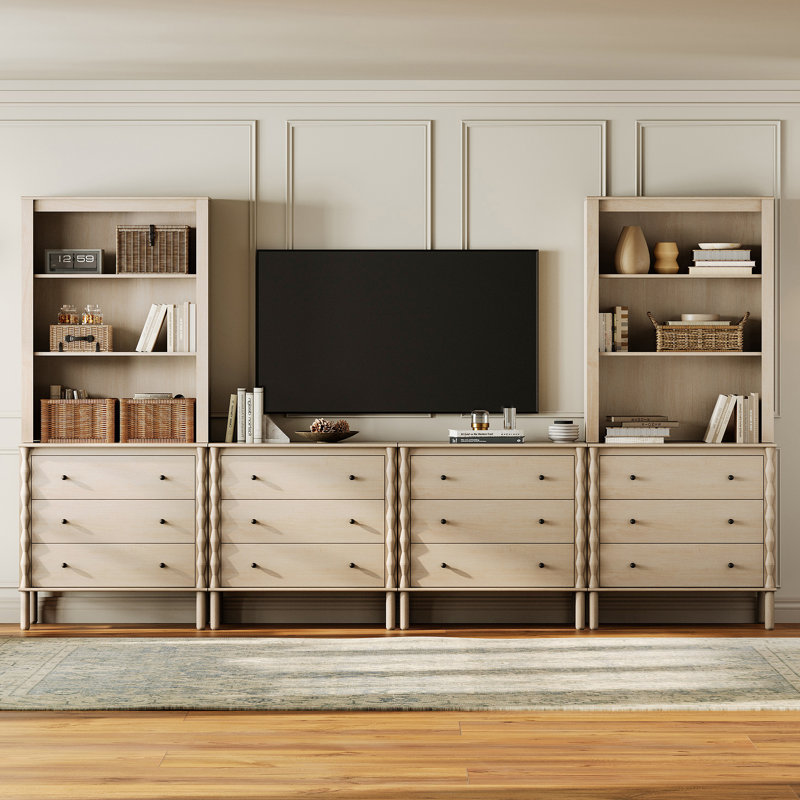 Meuble télé Greeta avec 12 tiroirs et 6 tablettes ouvertes, couleur naturelle, H 72,6 po x L 15,7 po x l 126 po, Naturel