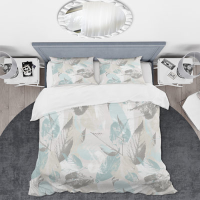 Gray And Blue Pastel Flowers And Leaves - Bohemian Duvet Cover Set - Microfiber Polyester