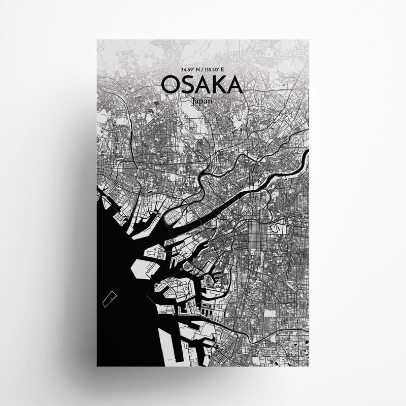 Osaka City Map In Ink - No Frame Print, 17cm H x 11cm W x 0.05cm D