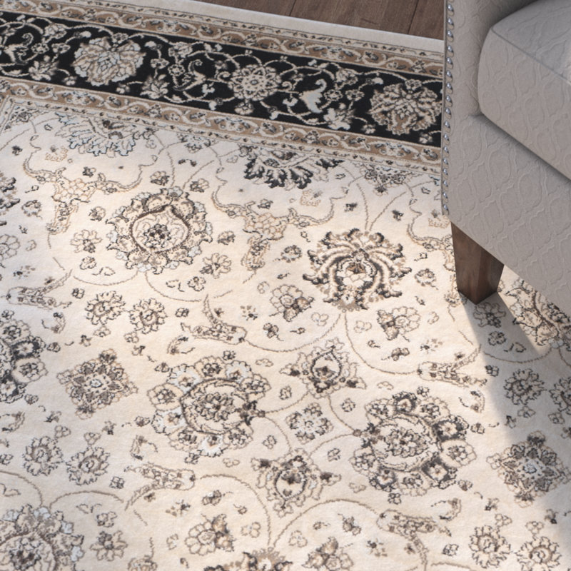 Petronella Viscose Oriental Rug in Ivory/Black, Rectangle 6'7" x 9'6"
