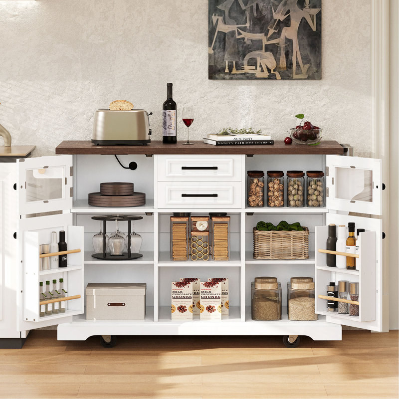 54.9" Kitchen Island With Drop Leaf, Power Outlet, Kitchen Storage Cart With 4 Door Shelves, Cross Barn Doors & Visual Glass Door, Rolling Kitchen Island On 4 Wheels For Kitchen, Dining Room