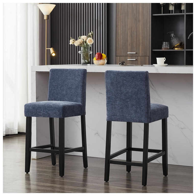 Tabouret de bar et de comptoir rembourré avec structure en bois massif, 2, Bleu / chenille