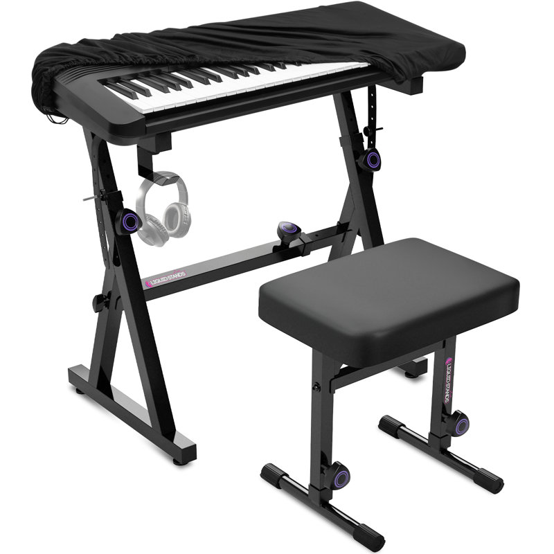 Ensemble de support et de banc de piano avec support liquide, housse pour piano - support de piano numérique robuste pour pianos électriques de 54 à 88 touches, banc de piano réglable, support de clavier et tabouret