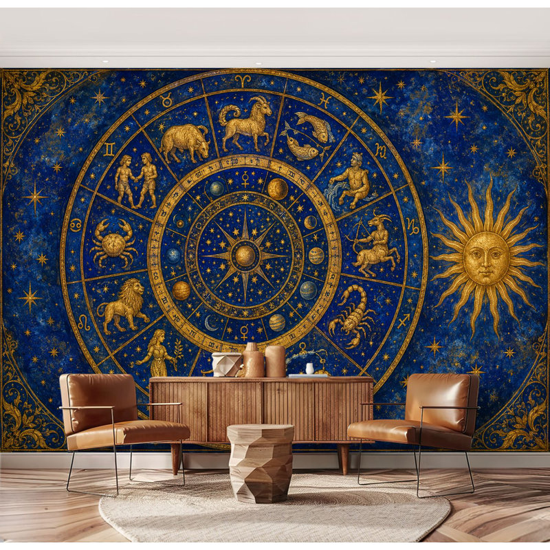 Papier peint adhésif peler et coller Zodiac Constellation Cercle bleu foncé étoilé autocollant amovible Papier contact mural pour le salon Chambre à coucher H 69 po x l 96 po