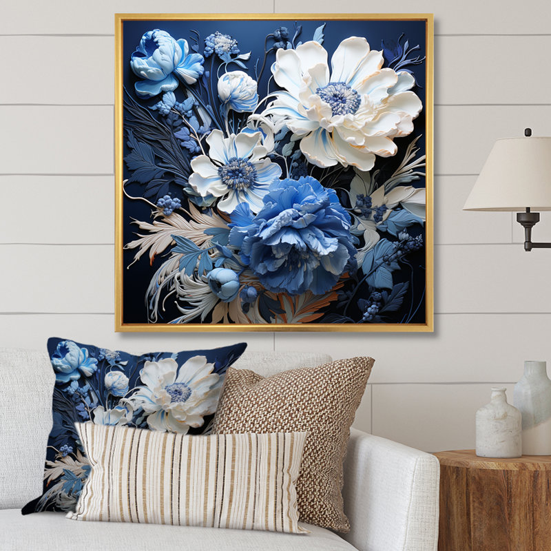 «Blue and White Seasonal Flowers Collage II», reproduction sur toile, Cadre photo argenté, H 36 po x l 36 po