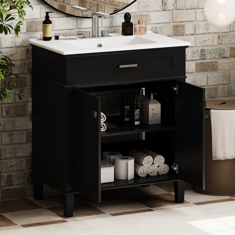 Meuble-lavabo noir de 30 po avec lavabo en céramique, style élégant, tablettes réglables, portes à fermeture en douceur de 30 po noires, rangement polyvalent