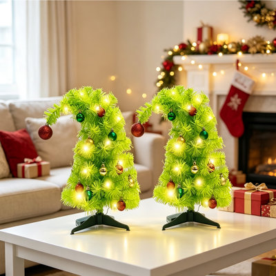 2Pcs Mini Christmas Tree Ornament,Artificial Green Crooked Neck Tabletop Christmas Trees with Light and Samll Balls for infoor Outdoor Home Holiday Party Decoration