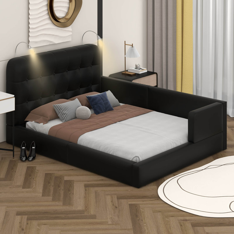 Upholstered Platform Bed With Reading Lights, Black