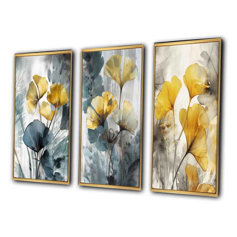 «Palm Tropical Ginkgo Artwork», 3 pièces, Cadre flottant doré, H 20 po x l 36 po