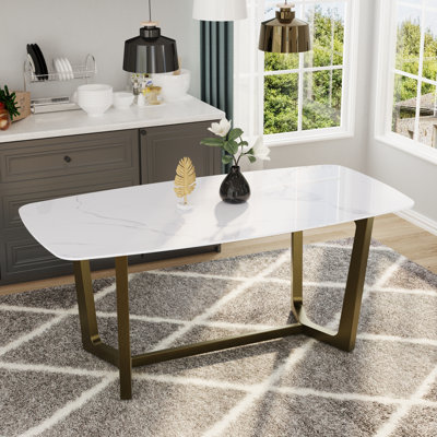 Table de salle à manger 70 pouces en pierre frittée avec base en métal brossé