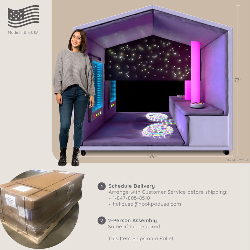 Nook   Interactive Sensory Pod for Active Stimulation with Bench, LED Light Tube, Wireless Controller, Interactive Wall Panel, UV Fiber Optic Strands, Mirror Panel, Seats 1-2, Office, Home, Classroom