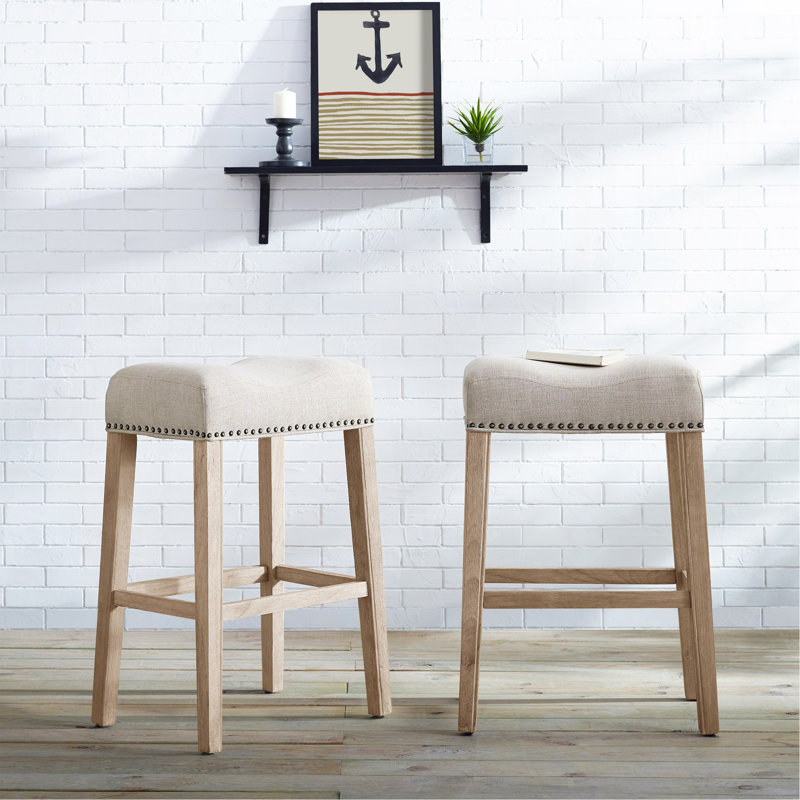 Upholstered Backless Saddle Seat Bar Stools 29" Height Set Of 2, Beige Seat/ Light Brown Frame 